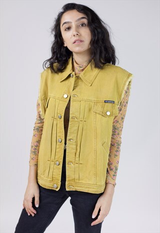 VINTAGE 90S YELLOW DENIM SLEEVELESS GRAPHIC JACKET