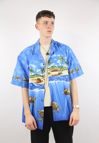 VINTAGE HAWAIIAN BLUE PATTERNED SHIRT
