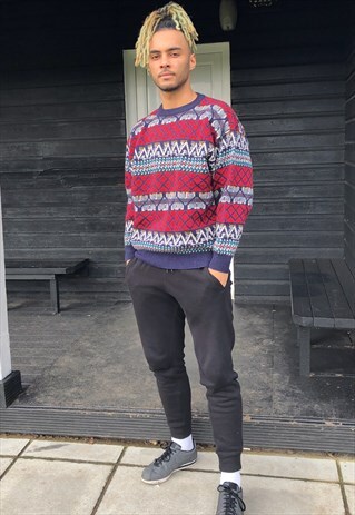 VINTAGE BRIGHT BOLD GEOMETRIC WOOL COSBY JUMPER