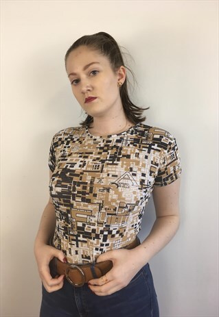 WOMENS VINTAGE FENDI TSHIRT YELLOW PATTERNED TOP MESH SHIRT