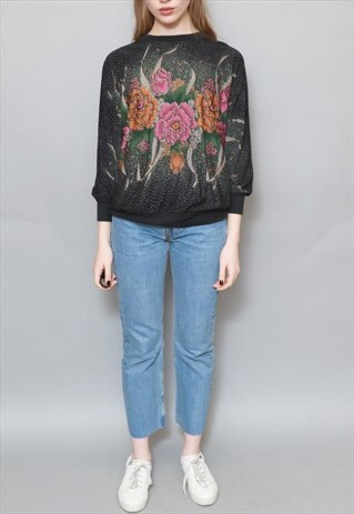 VINTAGE 1990'S SOFT FLOWER PRINT GLITTERY BATWING JUMPER