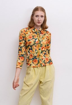 Vintage Womens XS 90's Funky Floral Pattern Blouse Shirt Zip