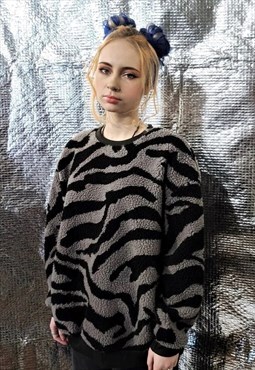 zebra fleece sweater fluffy stripe jumper y2k top in grey