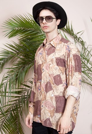 MENS VINTAGE LONG SLEEVE, ABSTRACT PRINT, BUTTON UP SHIRT