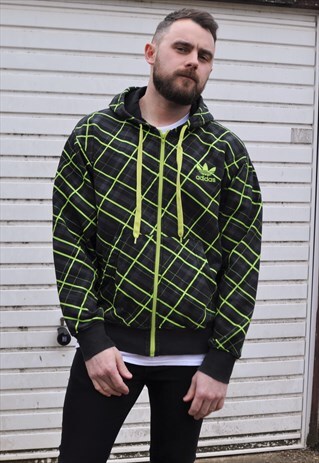 VINTAGE 00'S ADIDAS ZIP FRONT NEON CHECK HOODIE SWEATSHIRT