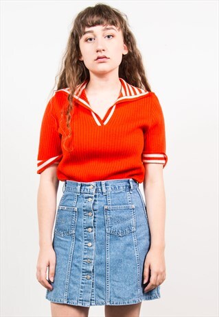 VINTAGE 70'S RED KNIT SPORTS LUXE STYLE RIBBED TOP