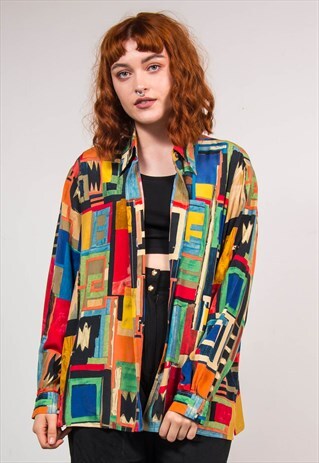 90'S VINTAGE ABSTRACT BRIGHT CRAZY PATTERN SHIRT