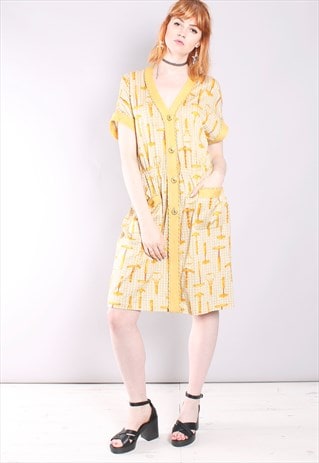 VINTAGE 80S YELLOW BRAIDED BATWING BUTTON DRESS
