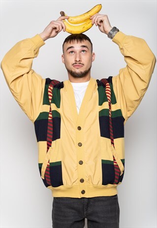 YELLOW BLUE GREEN RED PATTERN BUTTON-UP V-NECK JACKET XL