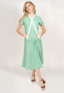 50s House Dress (M) vintage green midcentury 40s side zipper