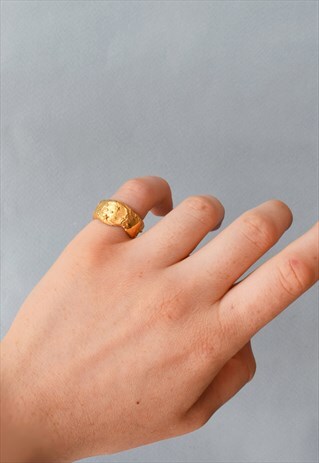 GOLD WAX WIDE BAND RING WITH CELESTIAL DETAIL HANDMADE
