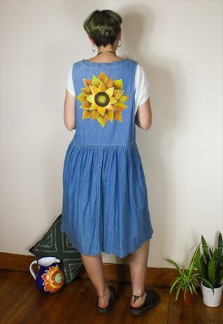 HANDPAINTED SUNFLOWER DENIM MIDI DRESS
