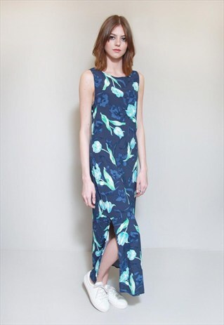 VINTAGE 1990'S AMAZING BLUE FLORAL MAXI DRESS.