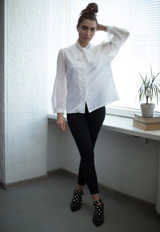 VINTAGE 80'S WHITE BOW BLOUSE WITH SEEN THROUGH SLEEVES