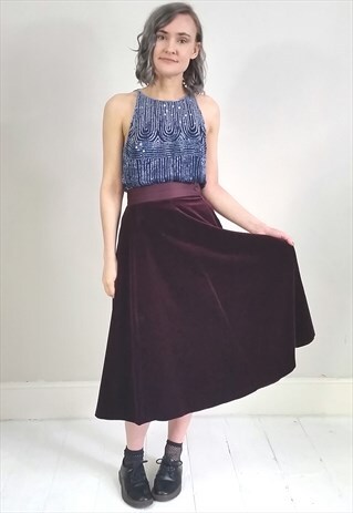 VINTAGE 80'S MAROON VELVET MIDI SKIRT W/ SATIN WAISTBAND