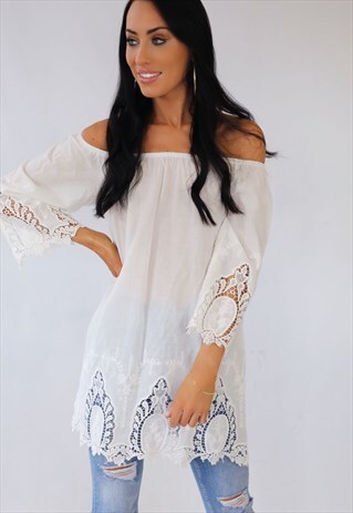 CREAM LACE OFF THE SHOULDER COTTON TUNIC TOP