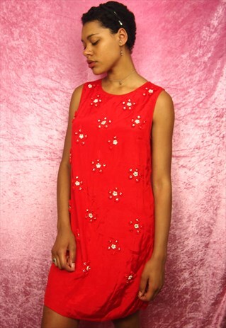 RED MINI DRESS WITH FLORAL EMBROIDERY