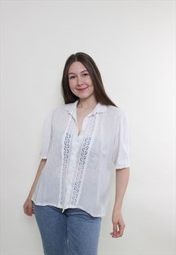 Vintage 90s lace blouse, white short sleeve blouse, 