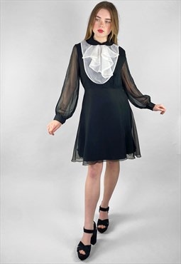 60's Black Sheer Bell Sleeve Mini Dress White Bib Ruffles