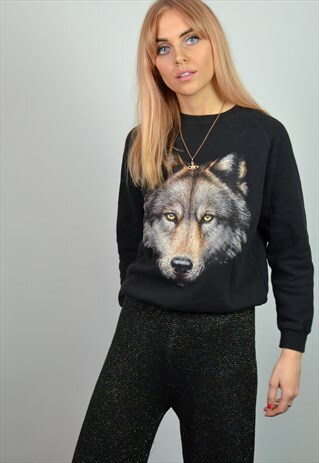 VINTAGE 90S BLACK WOLF PRINT JUMPER / SWEATSHIRT