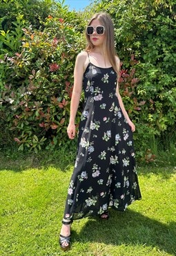 90's Vintage Black Floral Slip Maxi Midi Dress