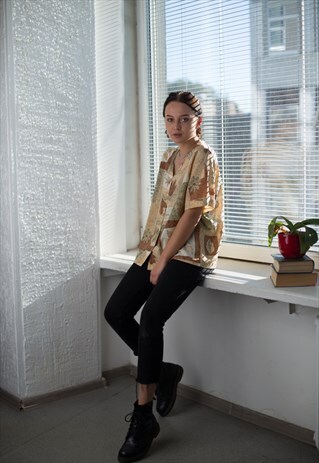 VINTAGE 80'S BROWN SHORT SLEEVED BLOUSE