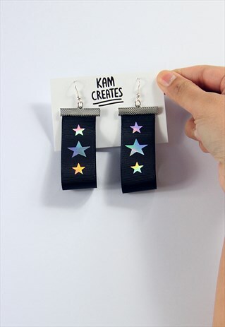 FUN RAINBOW STAR RIBBON EARRINGS IN BLACK