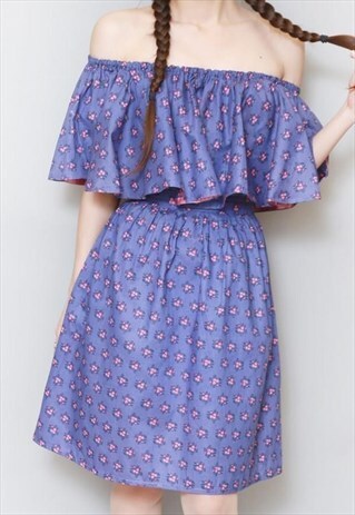 VINTAGE 1970'S LA VACANA PURPLE RUFFLED FLORAL MINI DRESS