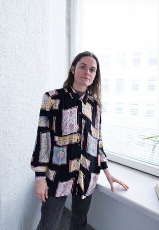 VINTAGE 80'S BLACK PATTERNED VISCOSE SHIRT