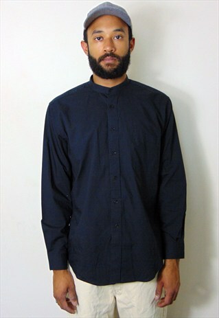 90S CLASSIC LUXURY ROUND COLLAR BLACK DRESS SHIRT LARGE