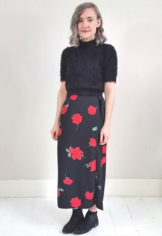 VINTAGE 90'S BLACK AND RED FLORAL MIDI WRAP SKIRT