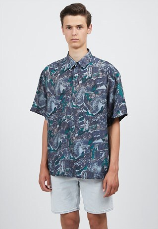 VINTAGE BLUE C&A SHORT SLEEVE SILK SHIRT