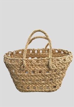 70's Beige Wicker Straw Hand Held Ladies Vintage Basket Bag
