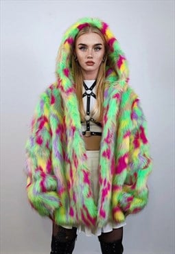 Hooded faux fur jacket psychedelic coat shaggy bomber green