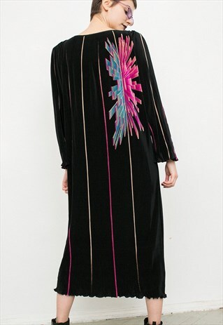 VINTAGE MAXI DRESS ELASTIC BLACK FLORAL PATTERN LONG SLEEVED