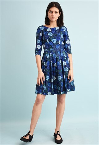 VINTAGE 80'S RETRO FLORAL PRINT FLARE MINI DRESS