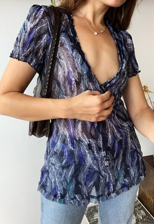 VINTAGE Y2K 00S BOHO FEATHER PRINT SHEER TUNIC BLOUSE TOP