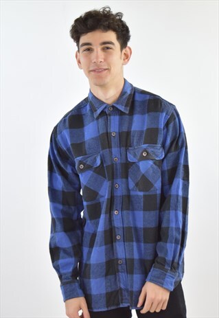 VINTAGE BLUE BLACK PLAID CHECK FLANNEL SHIRT