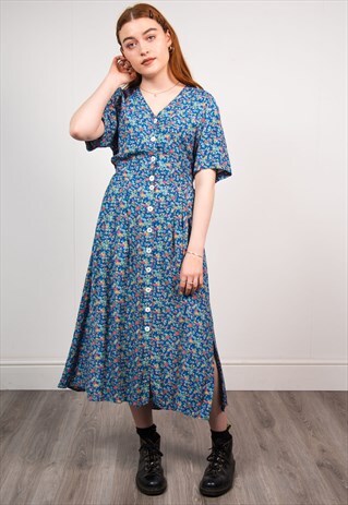 VINTAGE 90'S BLUE FLORAL PATTERN MIDI DRESS
