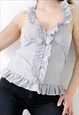 Y2K VINTAGE RUFFLED FRILLED HALTER NECK TOP NAUTICAL STRIPED