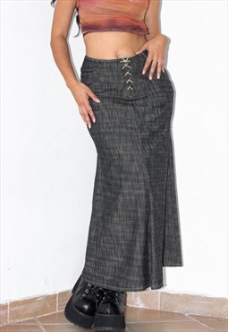2000s Thick Black Blue Long Denim Maxi Skirt 