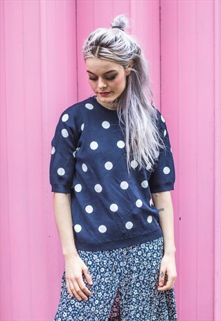 BLACK JUMPER TOP WITH LARGE WHITE POLKA DOTS