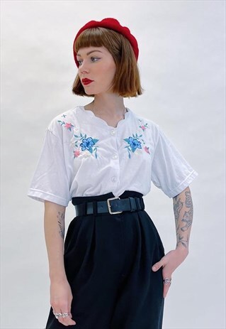 80S VINTAGE WHITE EMBROIDERED FLORAL PATTERN BLOUSE