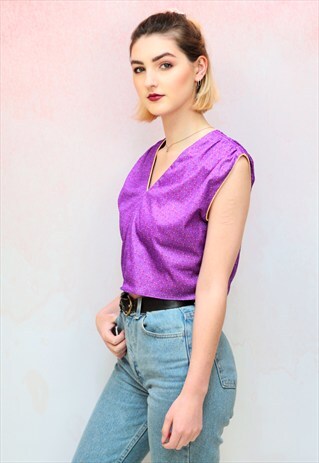 1990S VINTAGE PURPLE CROP TOP WITH MULT COLOURED POLKA DOTS
