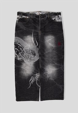 Vintage Japanese Embroidered Dragon Denim Jeans in Black