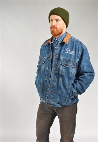 VINTAGE EMBROIDERED LEATHER COLLAR DENIM JACKET