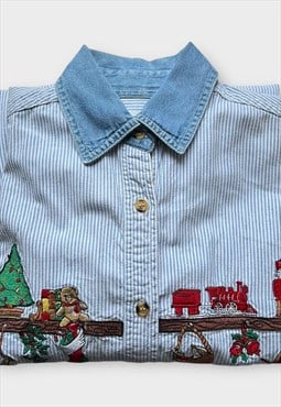 Vintage 90s Christmas Shirt Embroidered Oversized Button Up