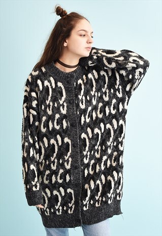 80'S RETRO ABSTRACT PATTERN OVERSIZED LONG KNIT CARDI