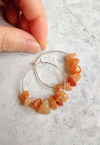 ORANGE AVENTURINE GEM STONE HOOP EARRINGS