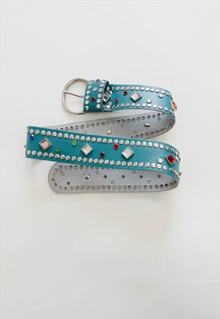 VINTAGE Y2K GREEN LEATHER MULTICOLOR GEMSTONE BELT WOMEN